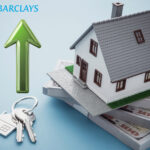 Model house and keys beside money stacks with Barclays logo and upward arrow, symbolising rising rent and mortgage costs