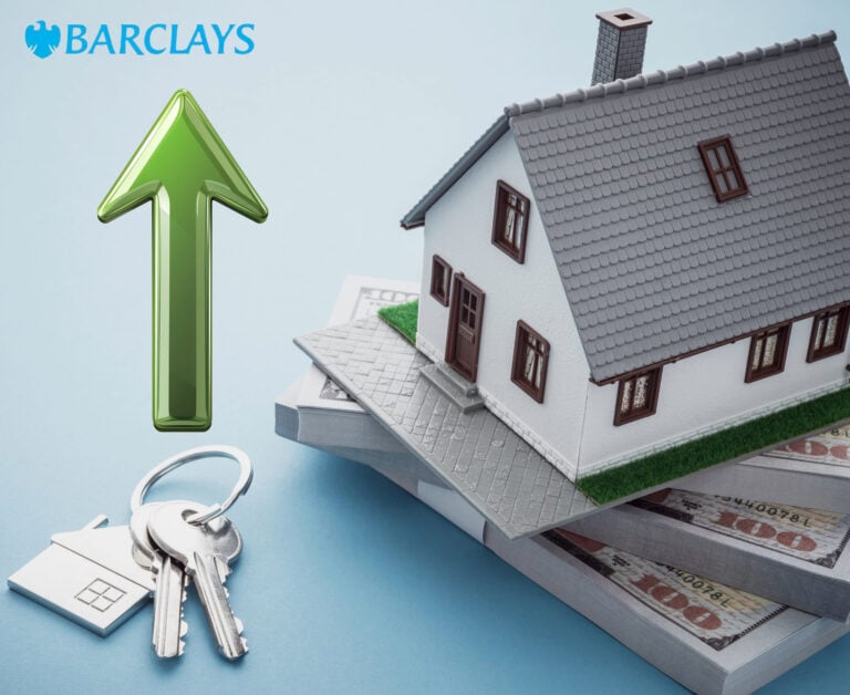 Model house and keys beside money stacks with Barclays logo and upward arrow, symbolising rising rent and mortgage costs
