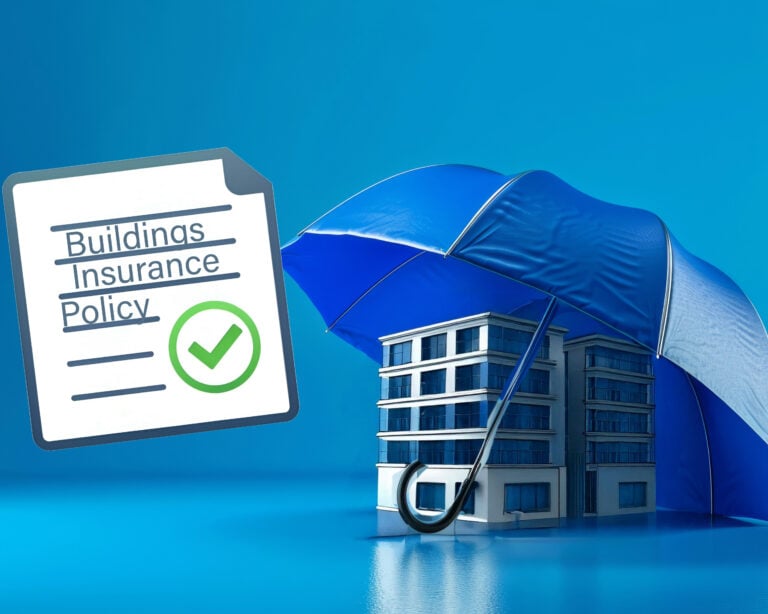 Building protected under umbrella symbolising buildings insurance coverage