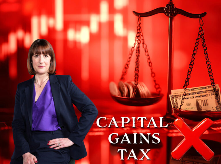 Chancellor rules out capital gains tax rise on buy-to-let properties, symbolized by scales and money.