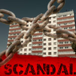 High-rise building with chains and the word “Scandal” symbolizing the cladding safety crisis.