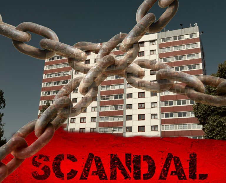 High-rise building with chains and the word “Scandal” symbolizing the cladding safety crisis.