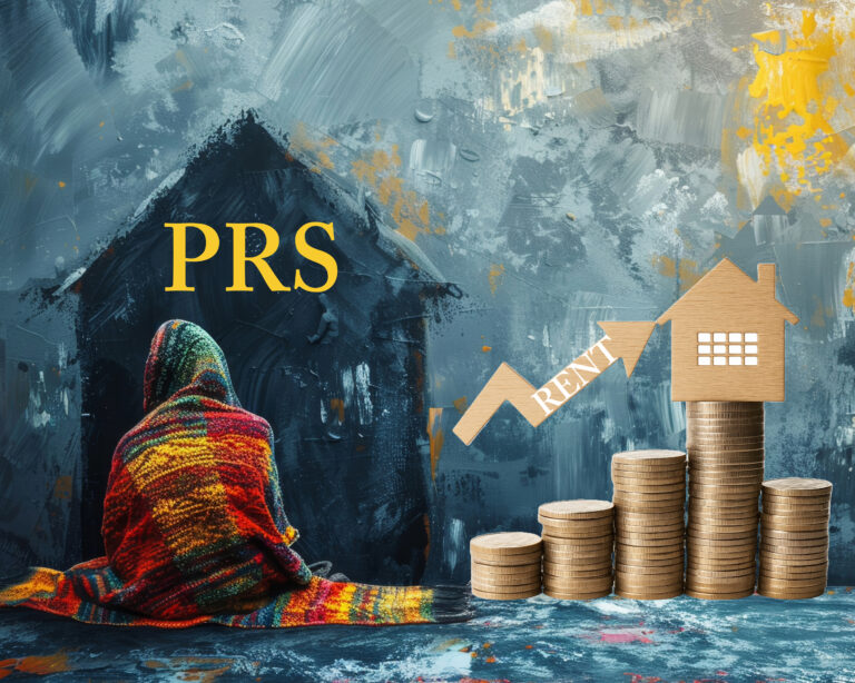 Rising UK rents symbolized by stacked coins and a house, highlighting private rented sector crisis.