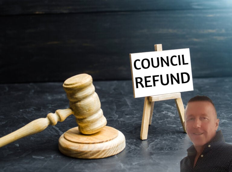 Council refund sign next to a judge’s gavel representing a tribunal ruling