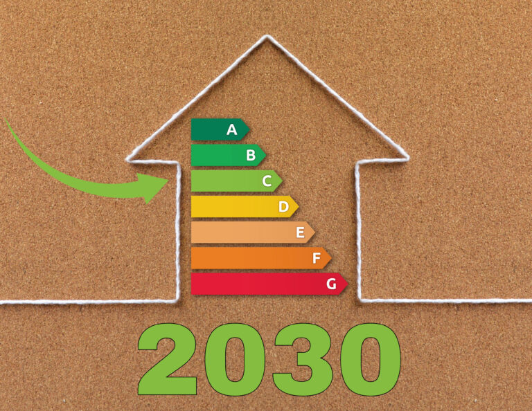 House outline with EPC rating chart and 2030 energy efficiency target.
