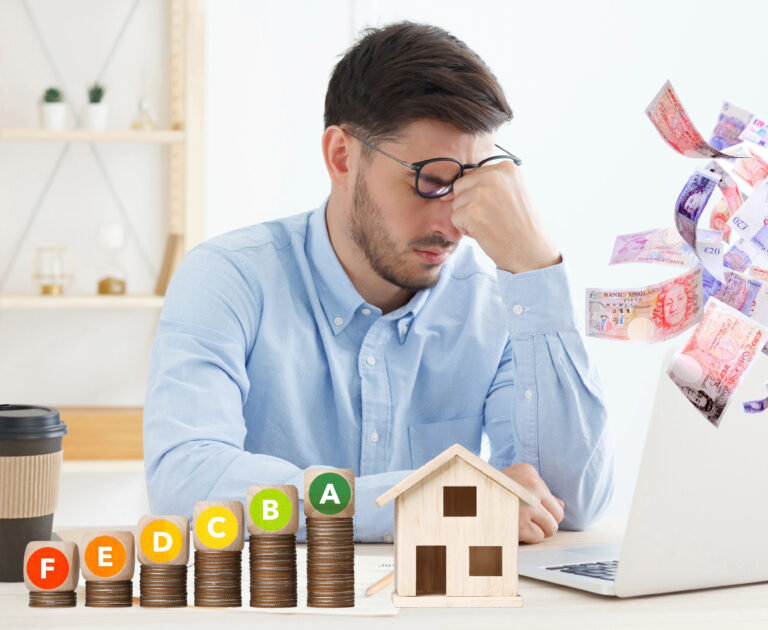 Landlord stressed over property costs and EPC ratings while money flows from laptop.