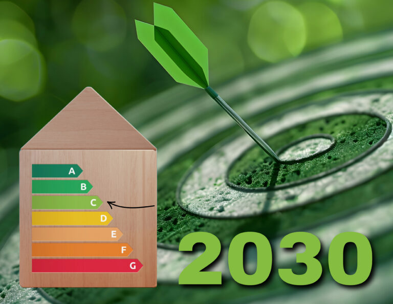 Green energy efficiency target for rental homes by 2030 with EPC C rating goal.
