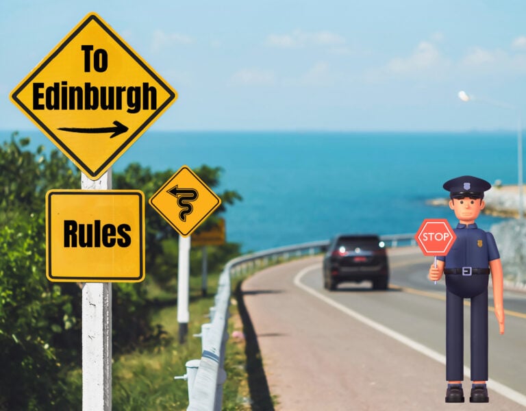 Road signs pointing to Edinburgh with a cartoon police officer holding a stop sign beside a coastal road