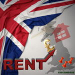 Rising UK rent prices highlighted with British flag and pound symbol increasing on map.