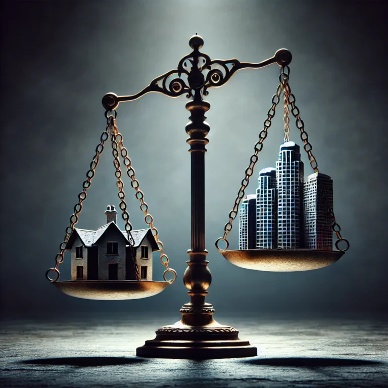 Scales balancing a small house and tall corporate buildings, symbolizing unfair tax treatment between small and large landlords.
