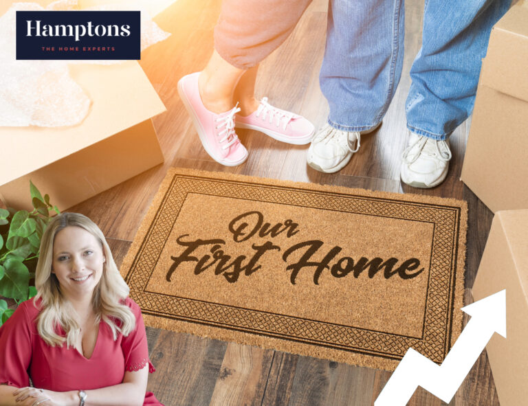 Couple moving into first home with Hamptons logo and welcome mat reading “Our First Home”.