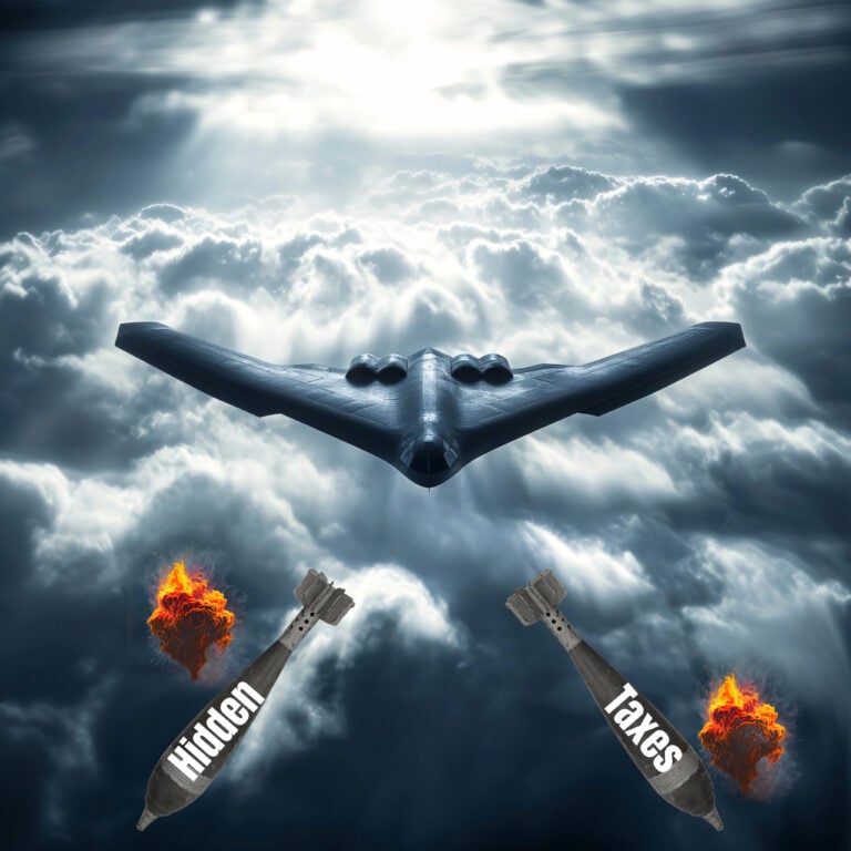 Stealth bomber releasing bombs labeled “Hidden” and “Taxes” through stormy clouds, symbolizing hidden landlord taxes.