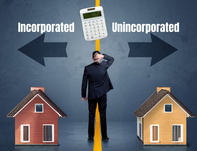 Businessman choosing between incorporated and unincorporated property ownership options.