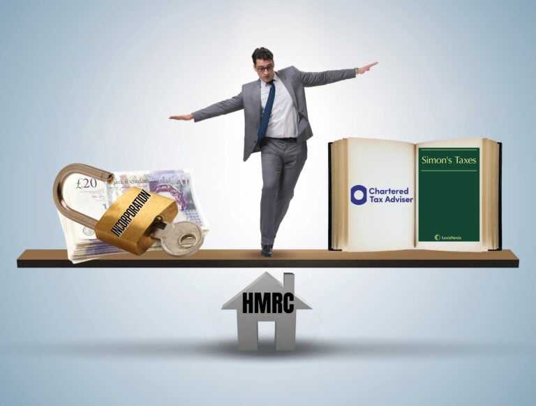 Businessman balancing incorporation finance, tax books, and HMRC challenges