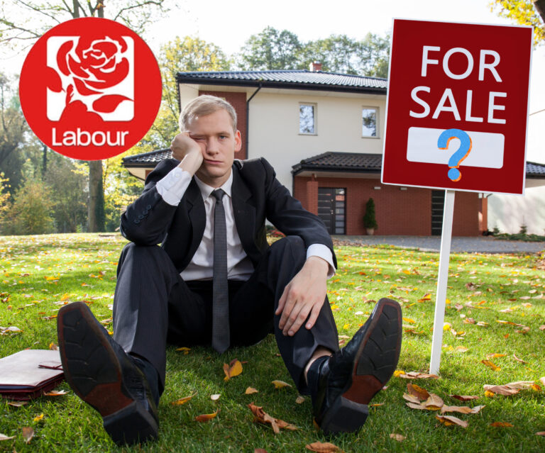 Worried man in front of a house for sale amid debate over Labour’s landlord tax plans