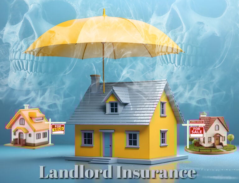 Yellow umbrella shielding a model house, symbolizing protection through landlord insurance