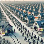 Long line of people leaving identical houses marked “For Sale” and “Sold,” symbolising the UK landlord exodus