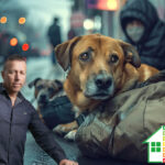 Landlord standing beside homeless dogs on city street highlighting rent and housing crisis.