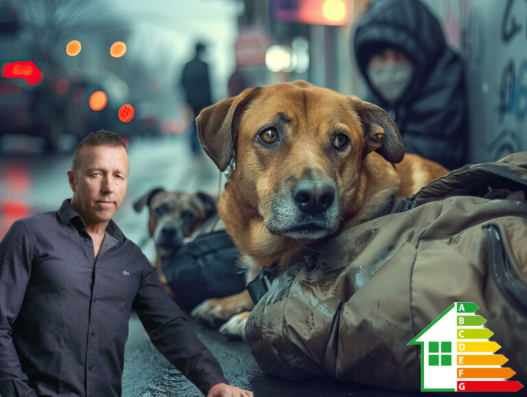 Landlord standing beside homeless dogs on city street highlighting rent and housing crisis.