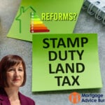 Green sticky note highlighting Stamp Duty Land Tax reforms linked to EPC upgrade costs for landlords.