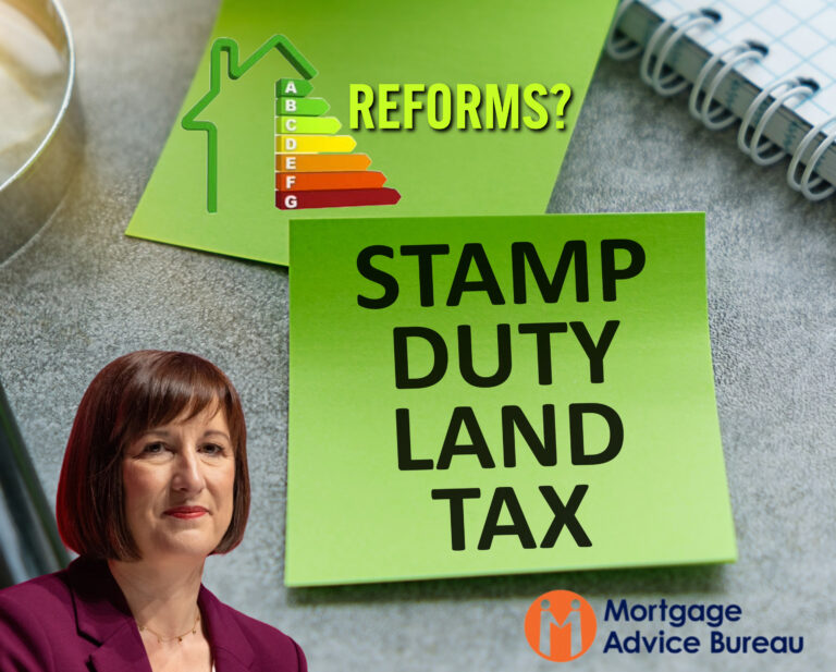 Green sticky note highlighting Stamp Duty Land Tax reforms linked to EPC upgrade costs for landlords.