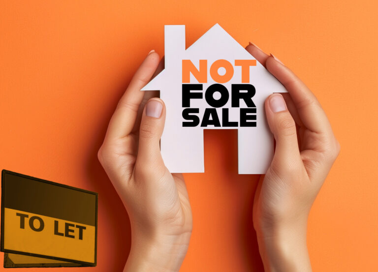 Hands holding paper house labeled “Not For Sale” beside a “To Let” sign, symbolizing landlords retaining rental properties.