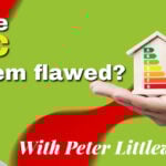 Hand holding an EPC rating model beside headline questioning flaws in the EPC system