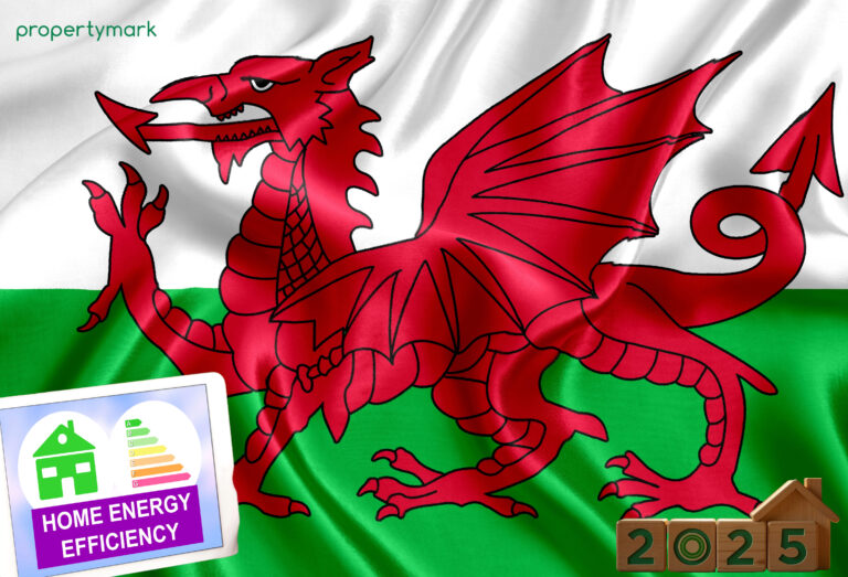 Welsh flag with energy efficiency icon and 2025 date highlighting funding exclusion for landlords.