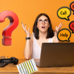 Tenant confused about arranging a gas safety check with communication icons around a laptop.