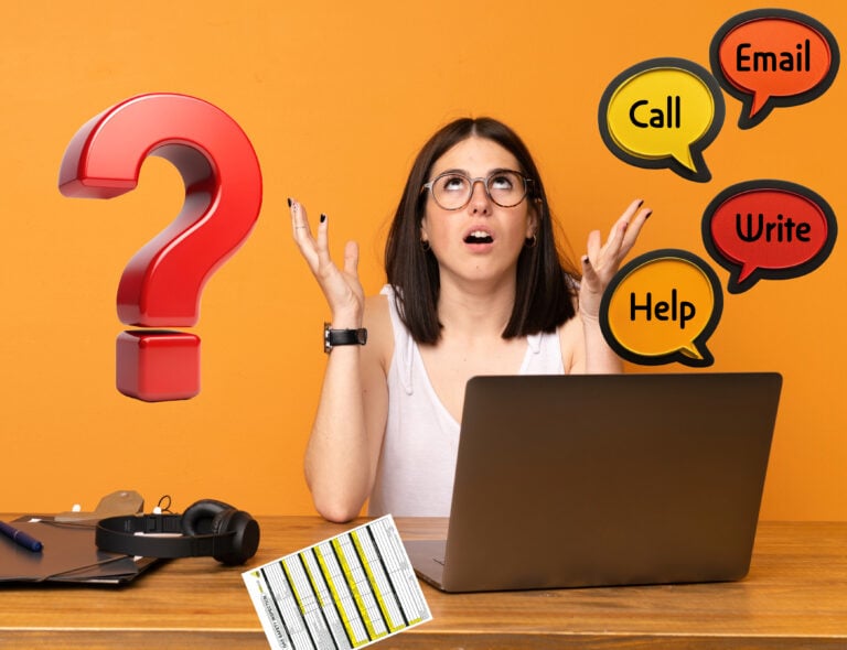 Tenant confused about arranging a gas safety check with communication icons around a laptop.