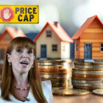 Angela Rayner with housing models and coins illustrating debate over rent caps and affordability crisis