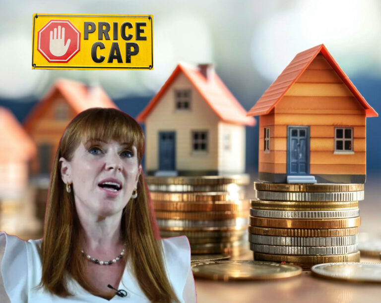 Angela Rayner with housing models and coins illustrating debate over rent caps and affordability crisis