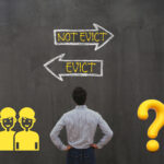 Man considering whether to evict a family member, shown with arrows pointing to eviction choices