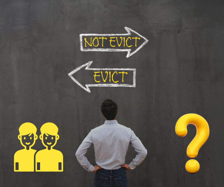 Man considering whether to evict a family member, shown with arrows pointing to eviction choices