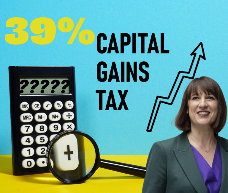 39% capital gains tax concept with calculator, upward arrow, and businesswoman on blue background