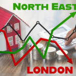 Graph comparing rising rents in the North East and falling rents in London with a house and coins.
