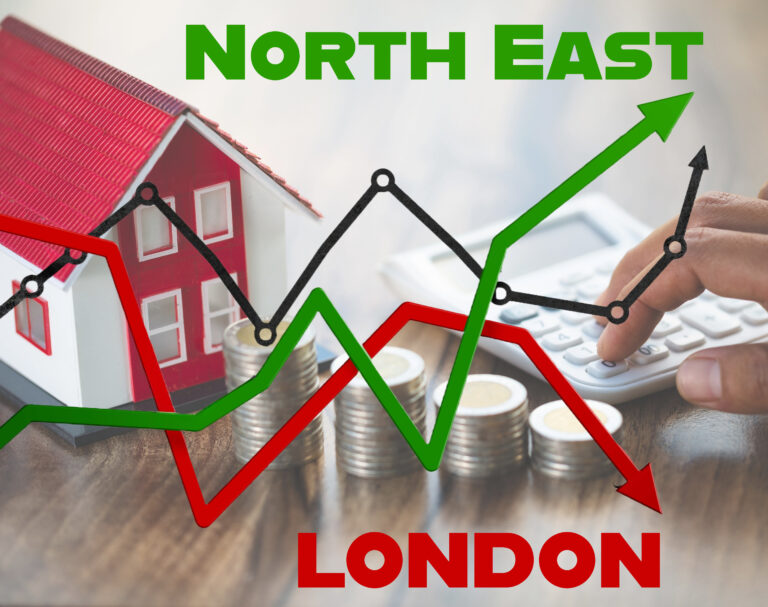 Graph comparing rising rents in the North East and falling rents in London with a house and coins.