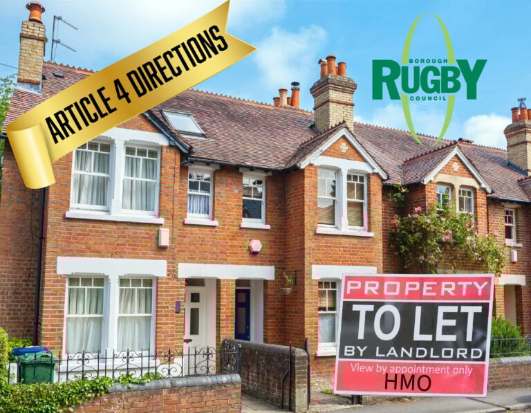 Terraced Rugby homes with an HMO to-let sign illustrating Article 4 Directions