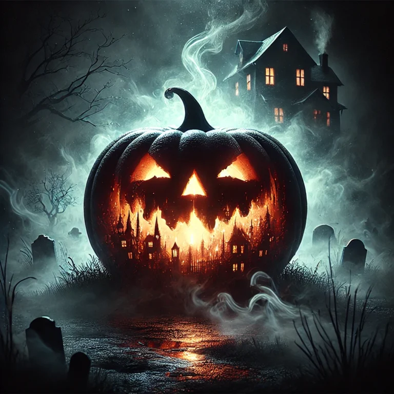 Glowing jack-o'-lantern with haunted house and eerie fog, symbolising landlords’ ongoing financial nightmare.