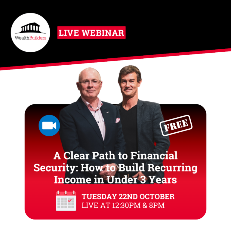 Two presenters promoting a free WealthBuilders webinar on building recurring income and financial security.