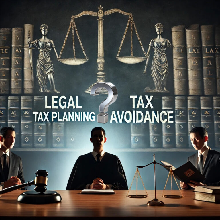 Legal debate illustration comparing tax planning and tax avoidance in a courtroom setting.