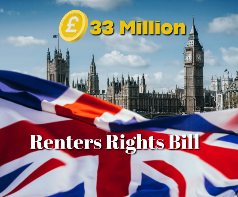 UK Parliament with Union Jack flag promoting £33 million Renters’ Rights Bill impact