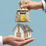 Money bag labeled "Advance Rent" above a house model symbolizing upfront rental payments