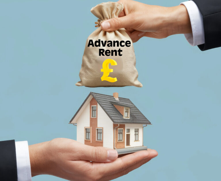 Money bag labeled "Advance Rent" above a house model symbolizing upfront rental payments