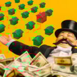 Monopoly figure surrounded by money and houses symbolizing corporate dominance in the rental market
