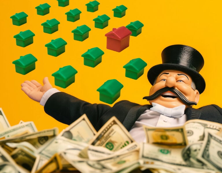 Monopoly figure surrounded by money and houses symbolizing corporate dominance in the rental market