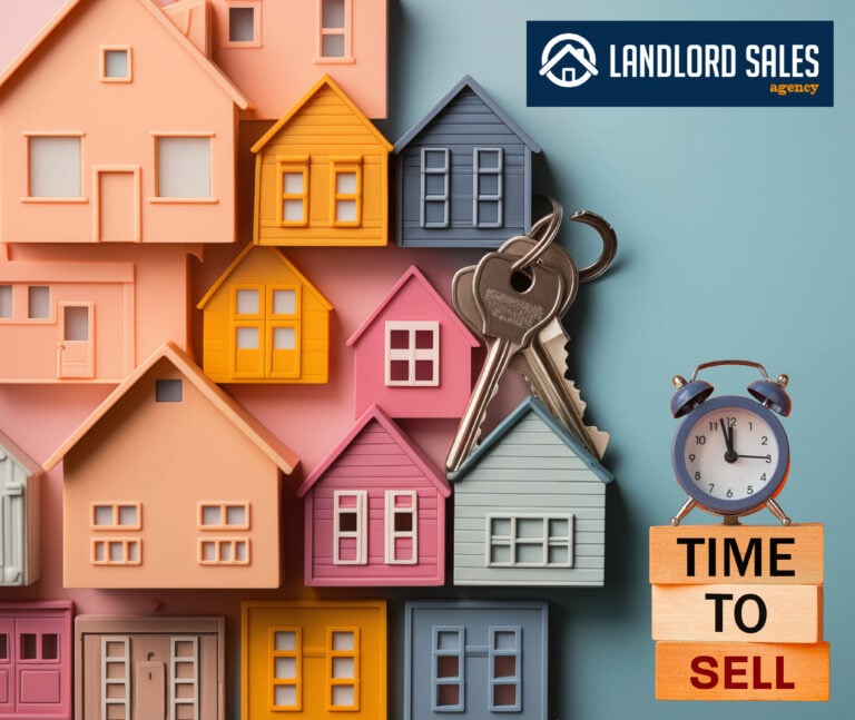 Keys and houses with clock showing it’s time to sell property company.