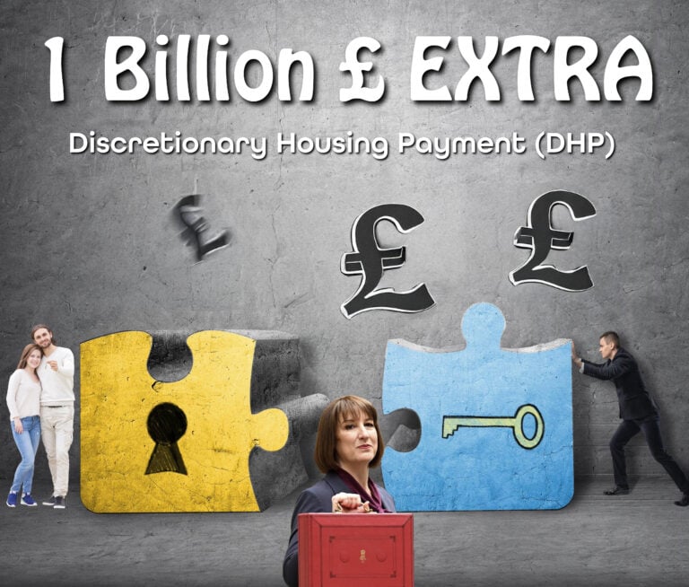 Visual showing housing funding increase with puzzle pieces, key, and pound symbols representing DHP support.