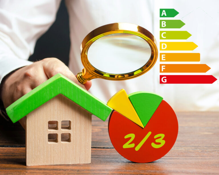 Energy efficiency rating and housing investment concept with magnifying glass and chart