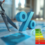 Scissors cutting percentage symbol beside energy efficiency chart, symbolizing lender rate adjustments for EPC targets